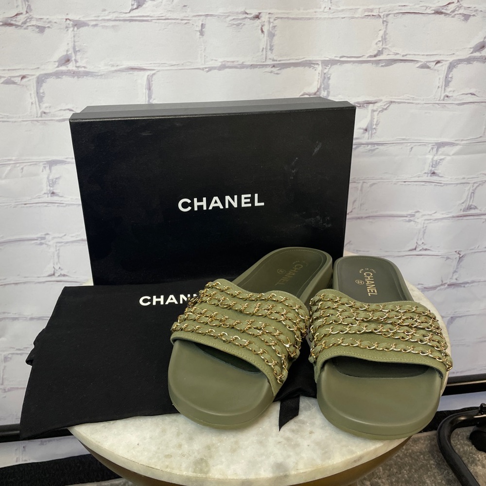 CHANEL Khaki and Gold Chain Slide Mules